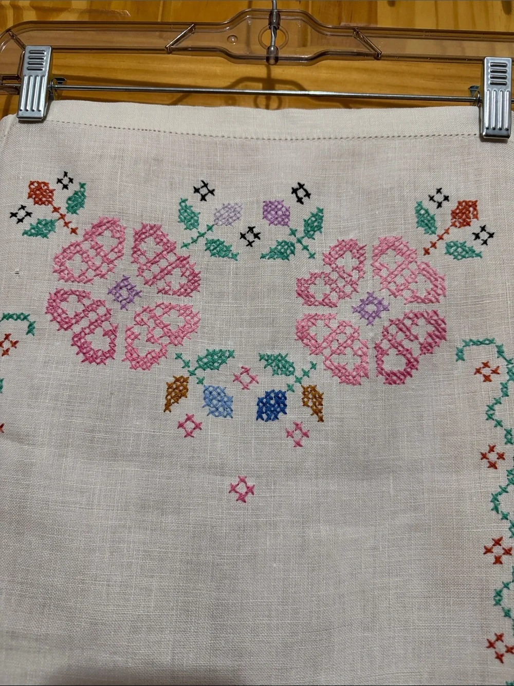 Embroidered Floral Linen Table Runner - Pink & Green